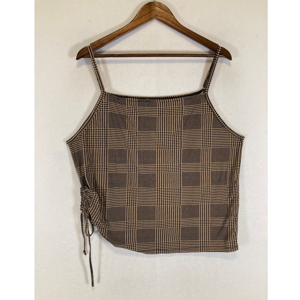 Dark Academia Feathers Women 3X Tan Plaid Side Ruched Cami Tank Top‎